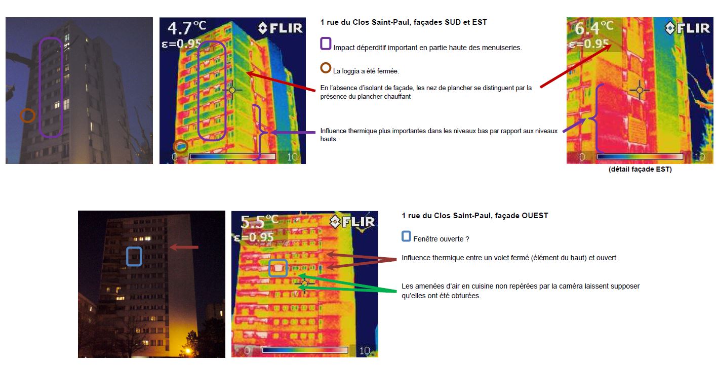 Mise en évidence des déperditions et anomalies sur une façade avec caméra thermique infrarouge. (source BEA Ingénierie)