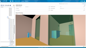Bâtiment collectif du conseil régional de Bourgogne, avec un zoom sur certains équipements du bâtiment (extincteur, radiateur, escalier, etc.). Source Active3D